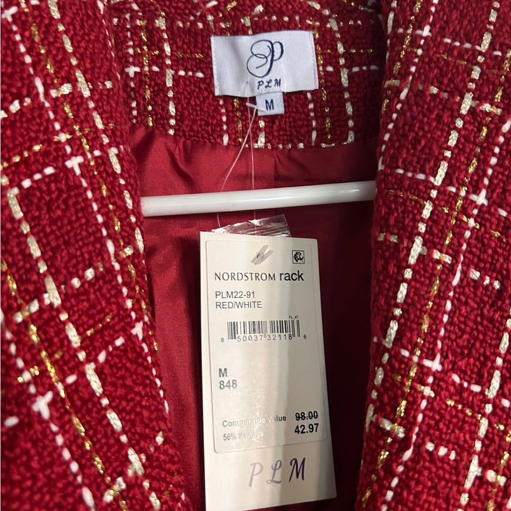 PLM Red Tweed Plaid Double-Breasted Gold Foil Blazer Size Med - Picture 6 of 6